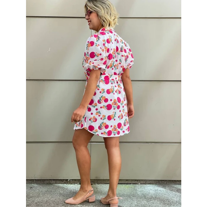 FUŞYA ÇİÇEK DESENLİ GÖMLEK ELBİSE