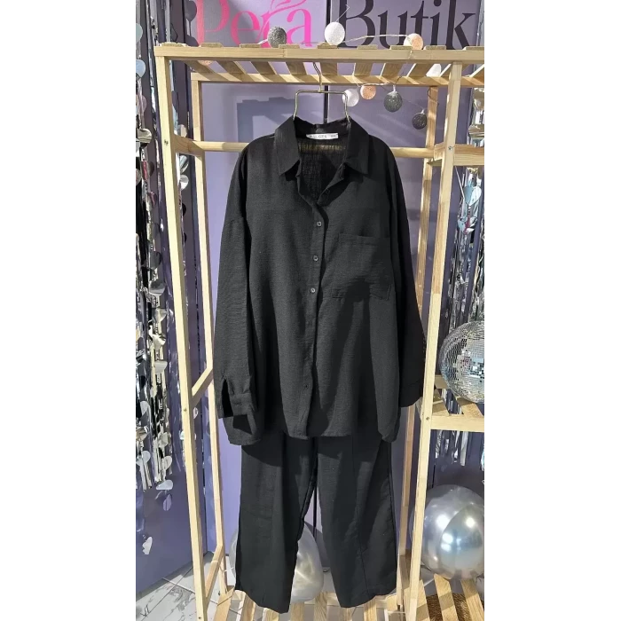 KETEN İKİLİ TAKIM SİYAH ÖNDEN DÜĞMELİ