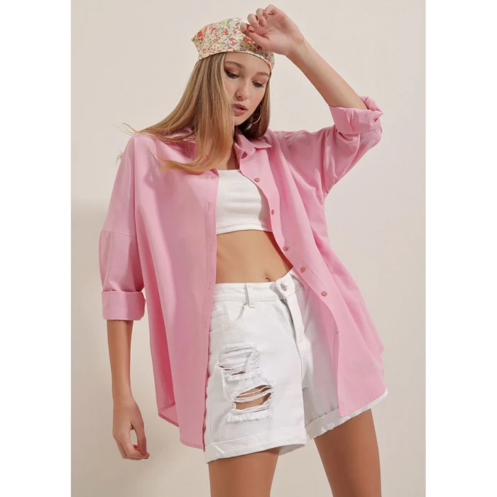 PEMBE OVERSİZE GÖMLEK