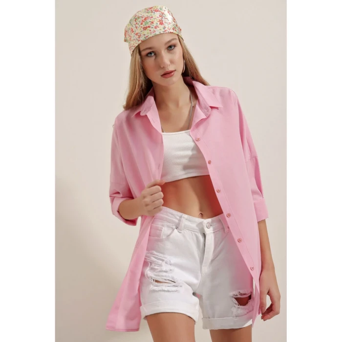 PEMBE OVERSİZE GÖMLEK