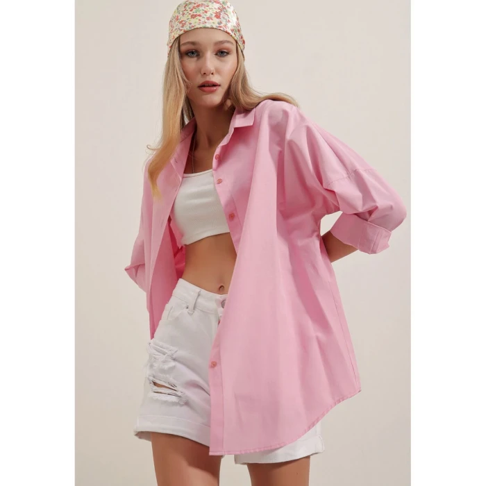 PEMBE OVERSİZE GÖMLEK