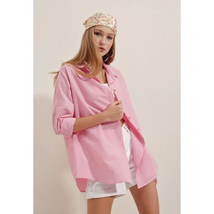 PEMBE OVERSİZE GÖMLEK