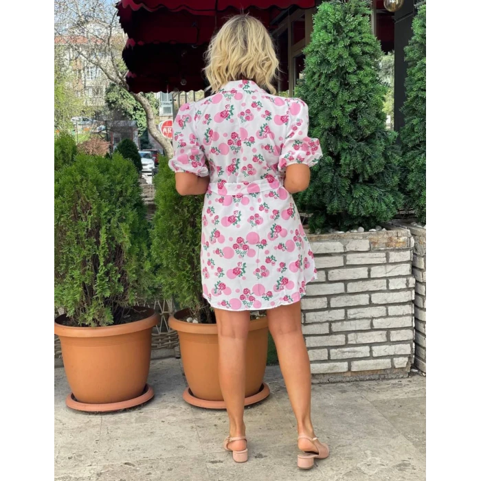 PUDRA ÇİÇEK DESENLİ GÖMLEK ELBİSE