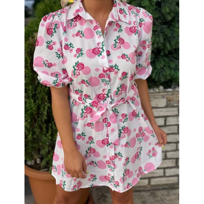 PUDRA ÇİÇEK DESENLİ GÖMLEK ELBİSE