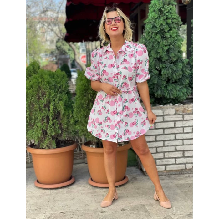 PUDRA ÇİÇEK DESENLİ GÖMLEK ELBİSE