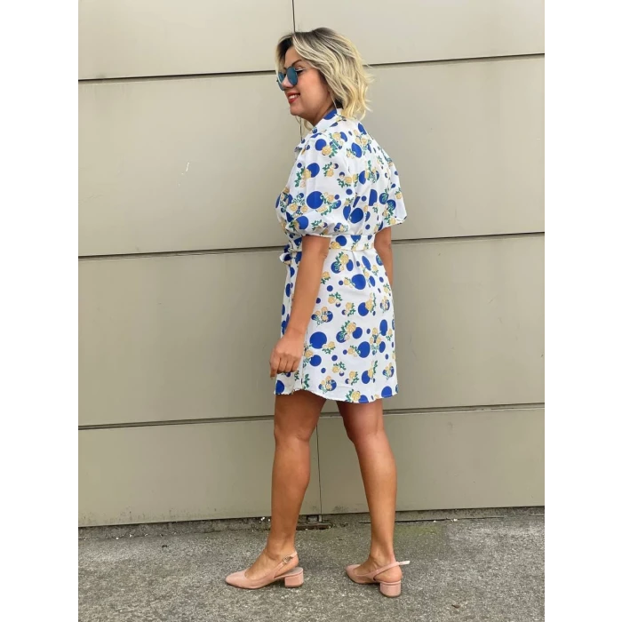 SAKS MAVİSİ ÇİÇEK DESENLİ GÖMLEK ELBİSE