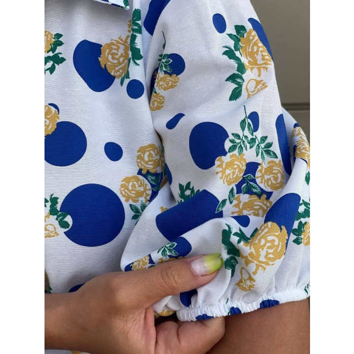 SAKS MAVİSİ ÇİÇEK DESENLİ GÖMLEK ELBİSE