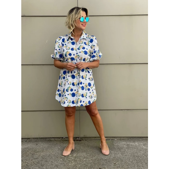 SAKS MAVİSİ ÇİÇEK DESENLİ GÖMLEK ELBİSE