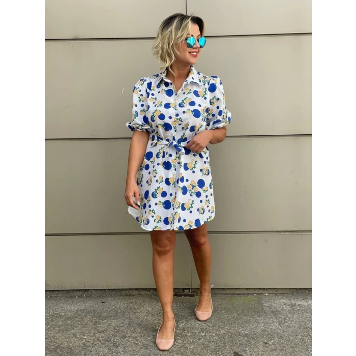 SAKS MAVİSİ ÇİÇEK DESENLİ GÖMLEK ELBİSE