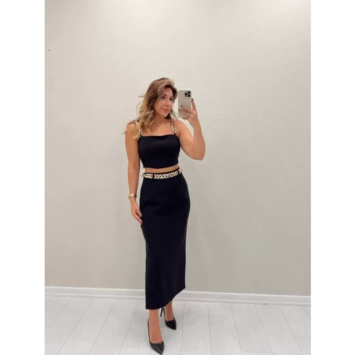 SİYAH BEL ZİNCİR KEMERLİ ETEK