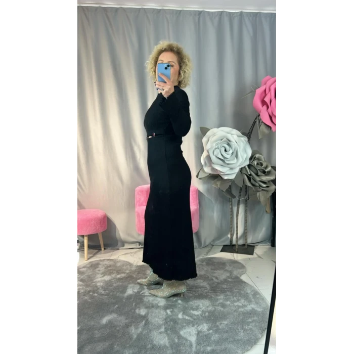 SİYAH FİTİLLİ BEL DETAYTOKALI ELBİSE