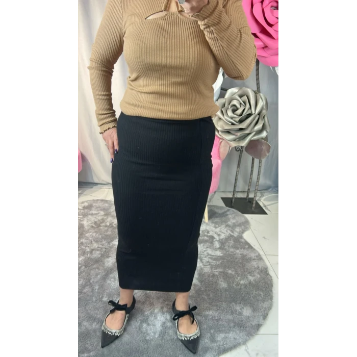 SİYAH FİTİLLİ YÜKSEK BEL KALEM ETEK