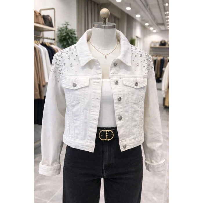 TAŞLI BEYAZ KOT CEKET