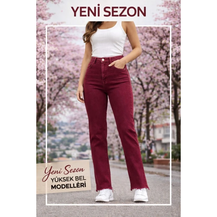 YUKSEL BEL ESNEK JEAN KESIK PAÇA BORDO