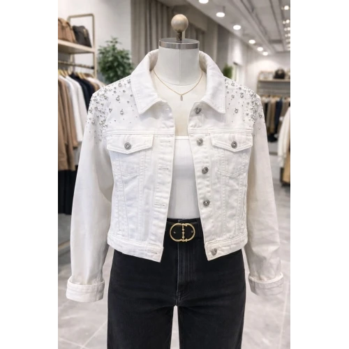 TAŞLI BEYAZ KOT CEKET