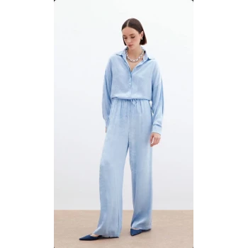 BEBE MAVİSİ JAKARLI BELİ BAĞCIKLI SATEN PANTOLON