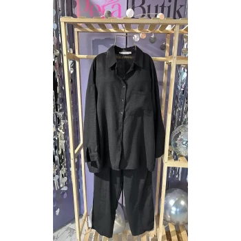 KETEN İKİLİ TAKIM SİYAH ÖNDEN DÜĞMELİ