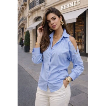 OMUZU AÇIK POPLİN GÖMLEK BUZ MAVİSİ