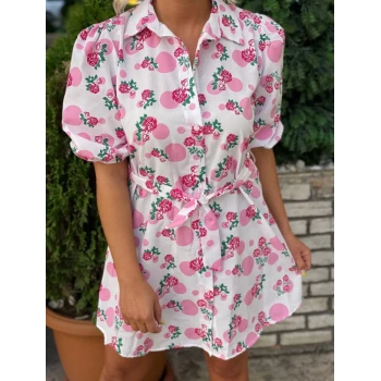 PUDRA ÇİÇEK DESENLİ GÖMLEK ELBİSE