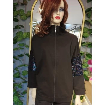 SİYAH KOLLARI PUL PAYET ÖNDEN FERMUARLI SWEAT