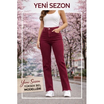 YUKSEL BEL ESNEK JEAN KESIK PAÇA BORDO