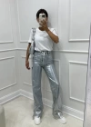 METALİK GÜMÜŞ BASKILI BOOTCUT DENİM PANTALON