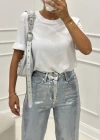 METALİK GÜMÜŞ BASKILI BOOTCUT DENİM PANTALON