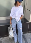 METALİK MAVİ YIRTIK DETAYLI WİCLE LEG PANTALON
