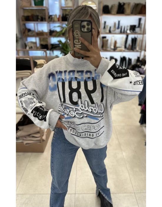 BASKI VE NAKIŞ DETAYLI YAKASI FERMUARLI SWEAT