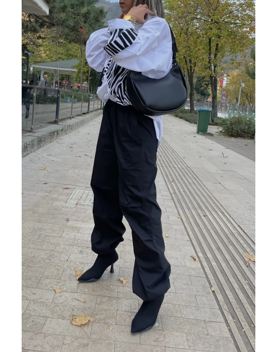 BELİ PAÇASI LASTİKLİ KARGO PANTOLON SİYAH