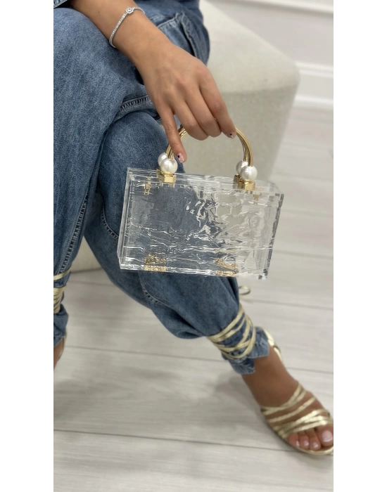 CLASSY İNCİ DETAYLI ŞEFFAF İTHAL ÇANTA BEYAZ