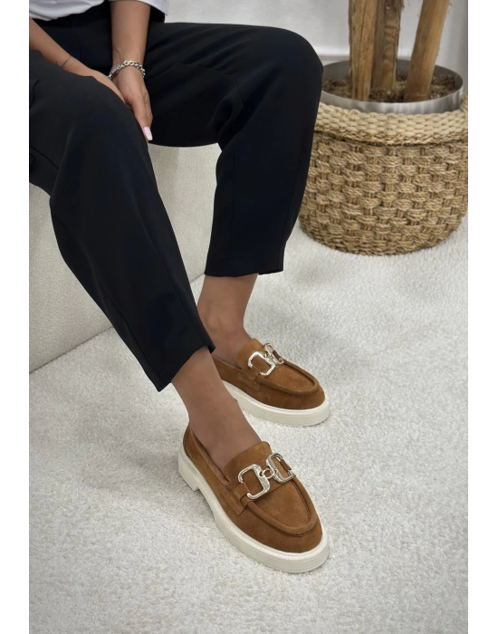 GİRA İÇ-DIŞ HAKİKİ SÜET DERİ GOLD TOKALI LOAFER TABA