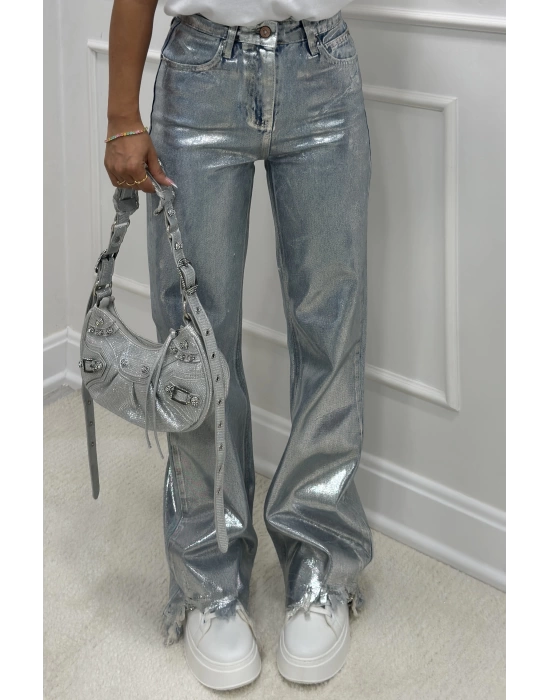 METALİK GÜMÜŞ BASKILI BOOTCUT DENİM PANTALON