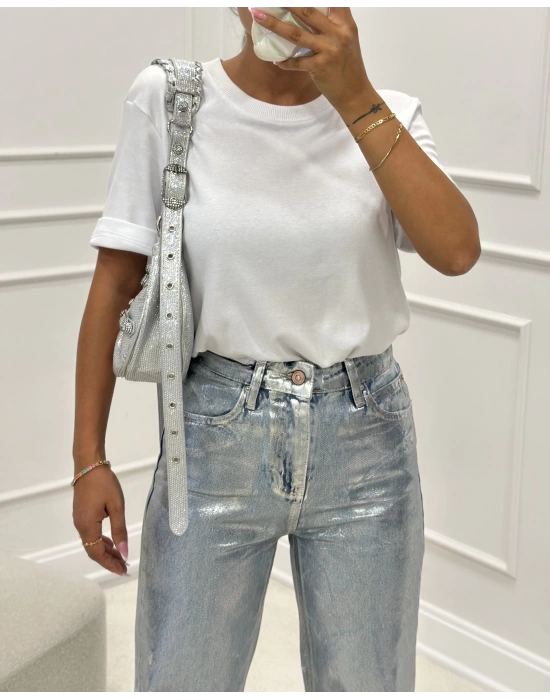 METALİK GÜMÜŞ BASKILI BOOTCUT DENİM PANTALON