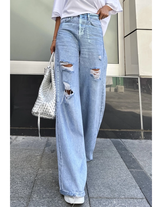 METALİK MAVİ YIRTIK DETAYLI WİCLE LEG PANTALON