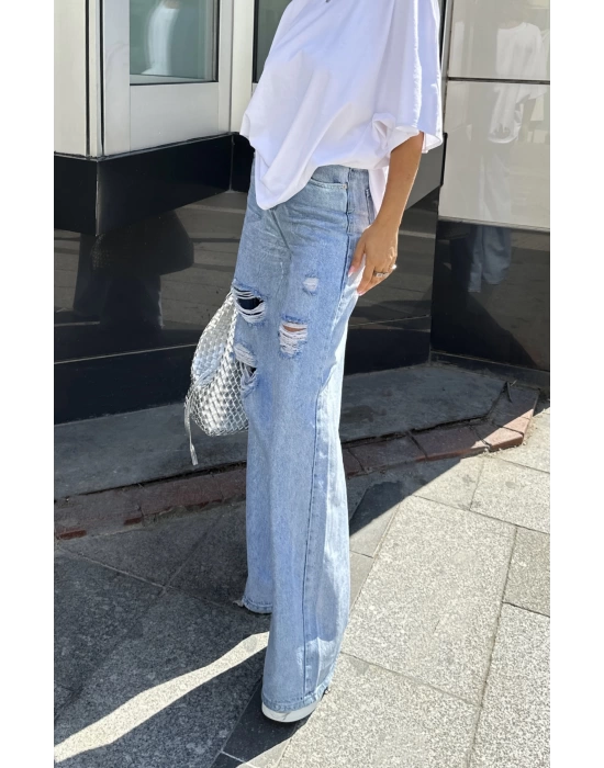 METALİK MAVİ YIRTIK DETAYLI WİCLE LEG PANTALON