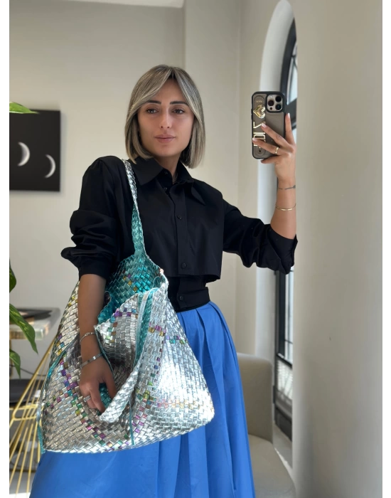 MİLEY  HASIR GÖRÜNÜMLÜ İTHAL ÇANTA GÜMÜŞ RENKLİ
