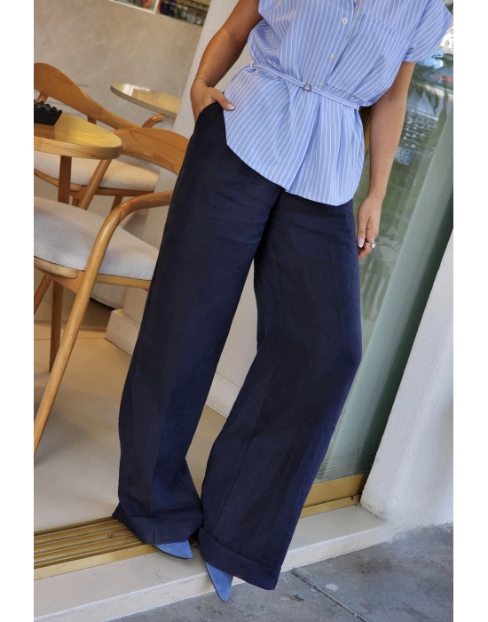 PALAZZO KETEN PANTALON LACİVERT