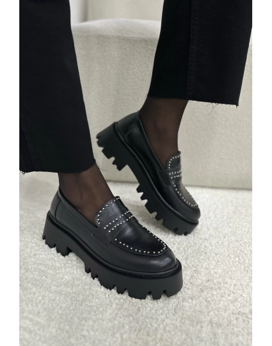 SONİA HAKİKİ DERİ METAL ZIMBALI LOAFER SİYAH