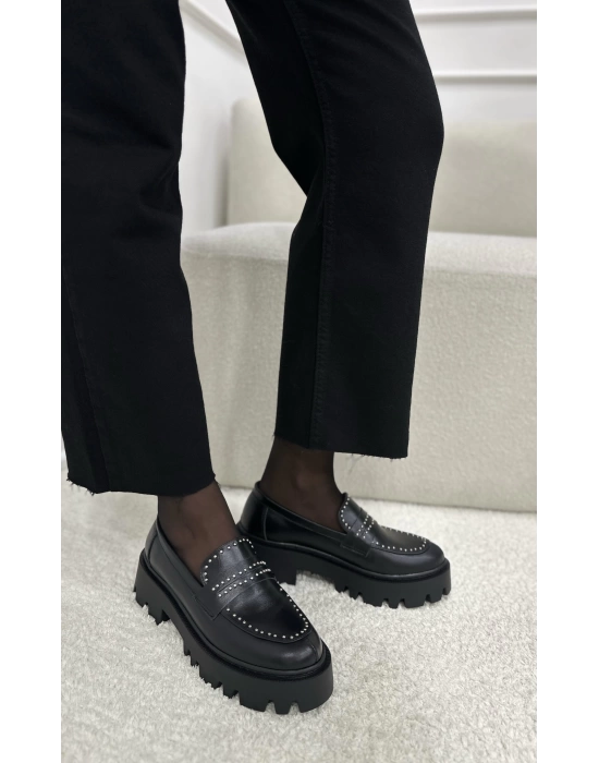 SONİA HAKİKİ DERİ METAL ZIMBALI LOAFER SİYAH