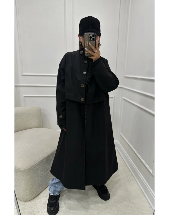 VİNTAGE KAPAKLI TRENÇKOT SİYAH