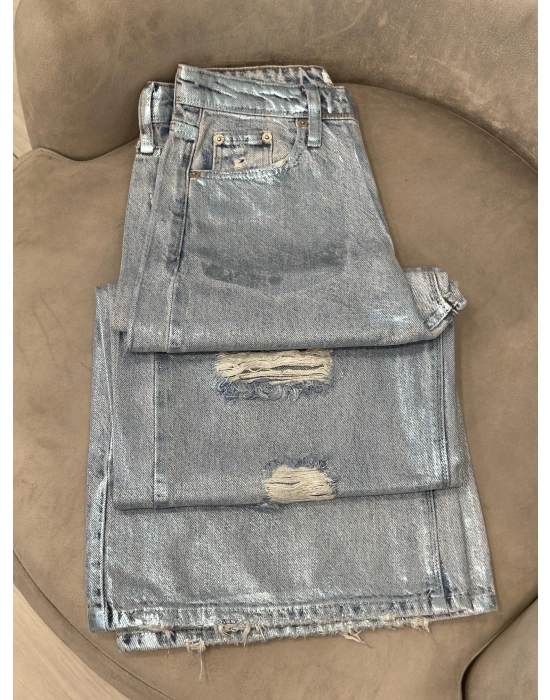 METALİK MAVİ YIRTIK DETAYLI WİCLE LEG PANTALON