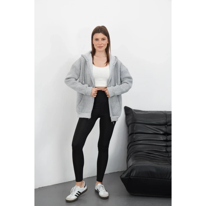 3 iplik şardonlu fermuarlı kapşonlu hırka gri