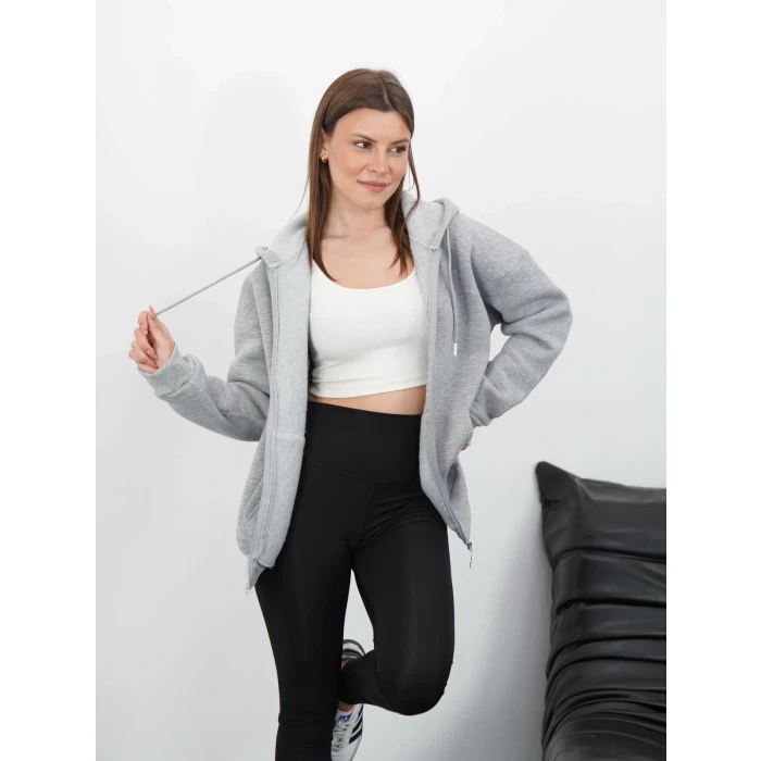 3 iplik şardonlu fermuarlı kapşonlu hırka gri