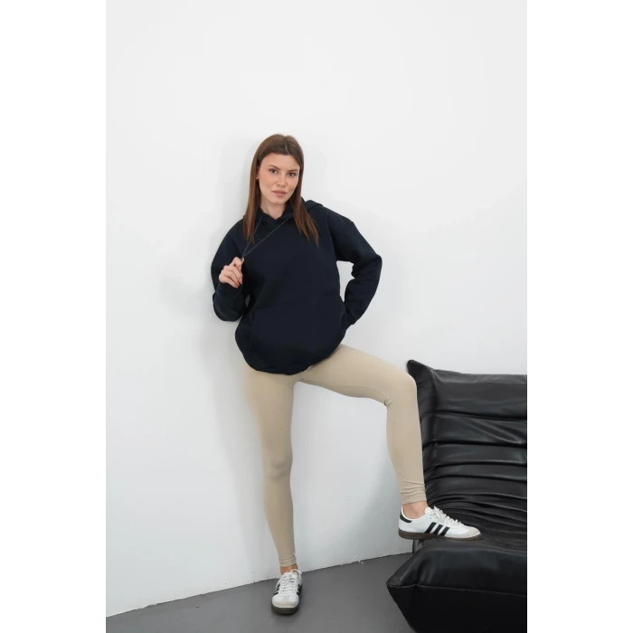 3 iplik şardonlu kapşonlu swetshirt lacivert md63