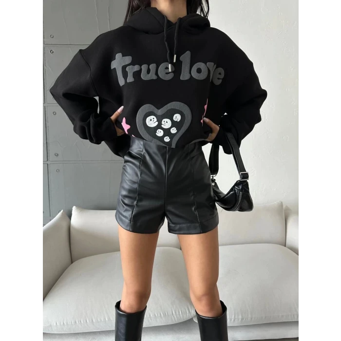 3 iplik şardonlu oversize true baskılı sweat siyah