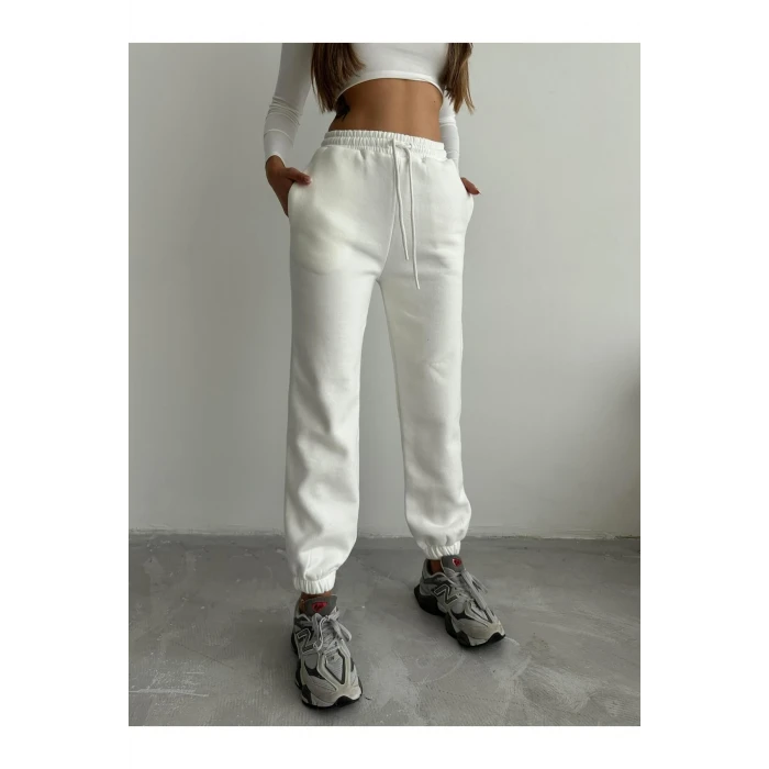 3 iplik şardonlu paça lastikli eşofman beyaz is001