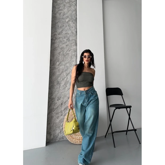 Baggy taş enzim bıyık yıkama jeans pantolon yeşil tint d2007