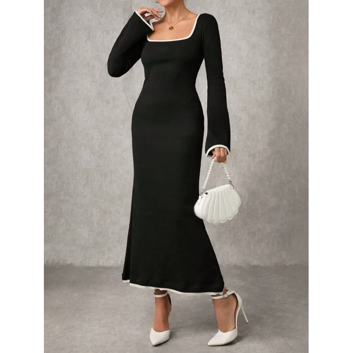 Biyeli uzun elbise siyah