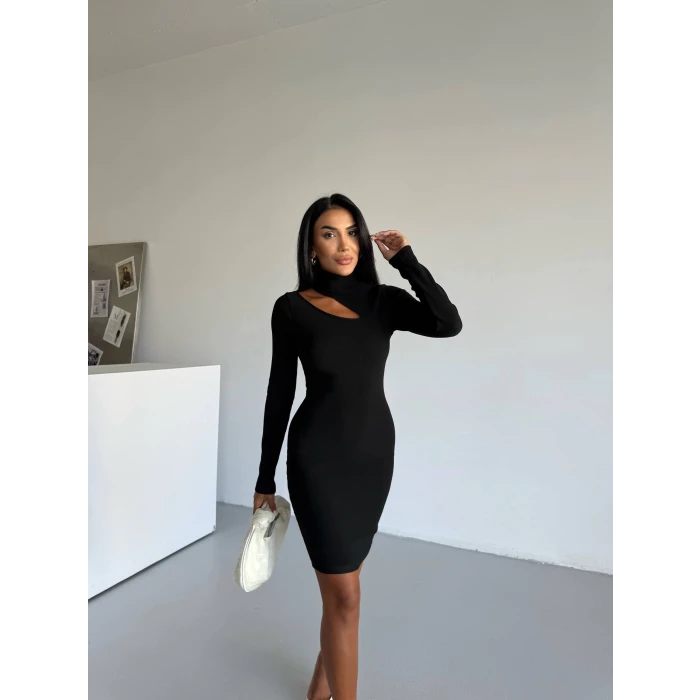 Boğazlı gögüs dekolteli elbise siyah f2333